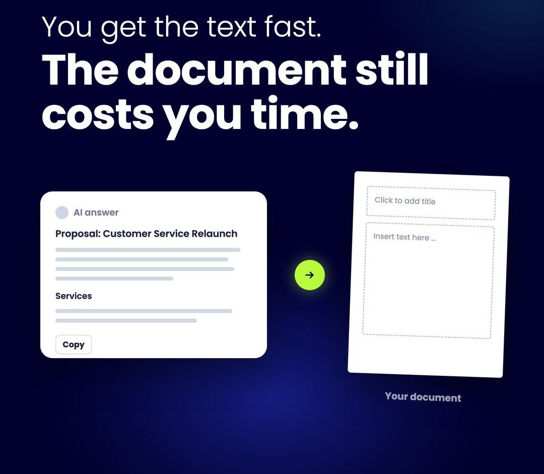 You get the text quickly. The document takes time: an AI answer first has to be transferred into an empty document.