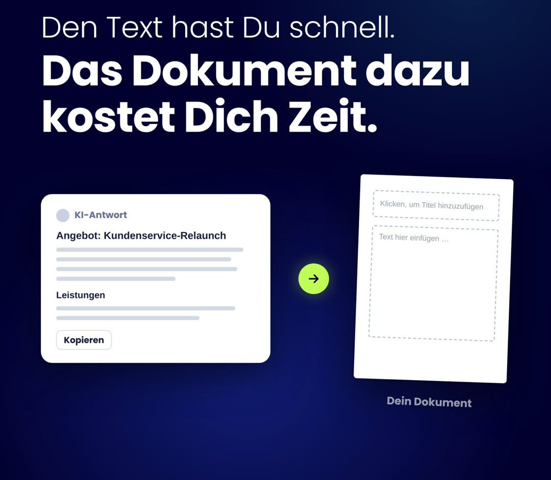 Den Text hast Du schnell. Das Dokument dazu kostet Dich Zeit: Eine KI-Antwort muss erst in ein leeres Dokument übertragen werden.