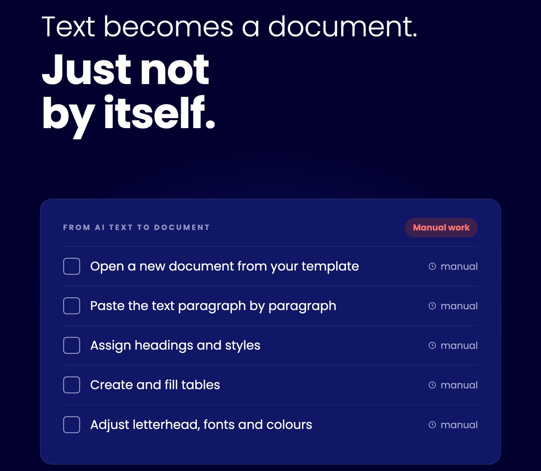 Text becomes a document – but not by itself: open the template, paste the text, apply styles, fill in tables, adjust the letterhead.