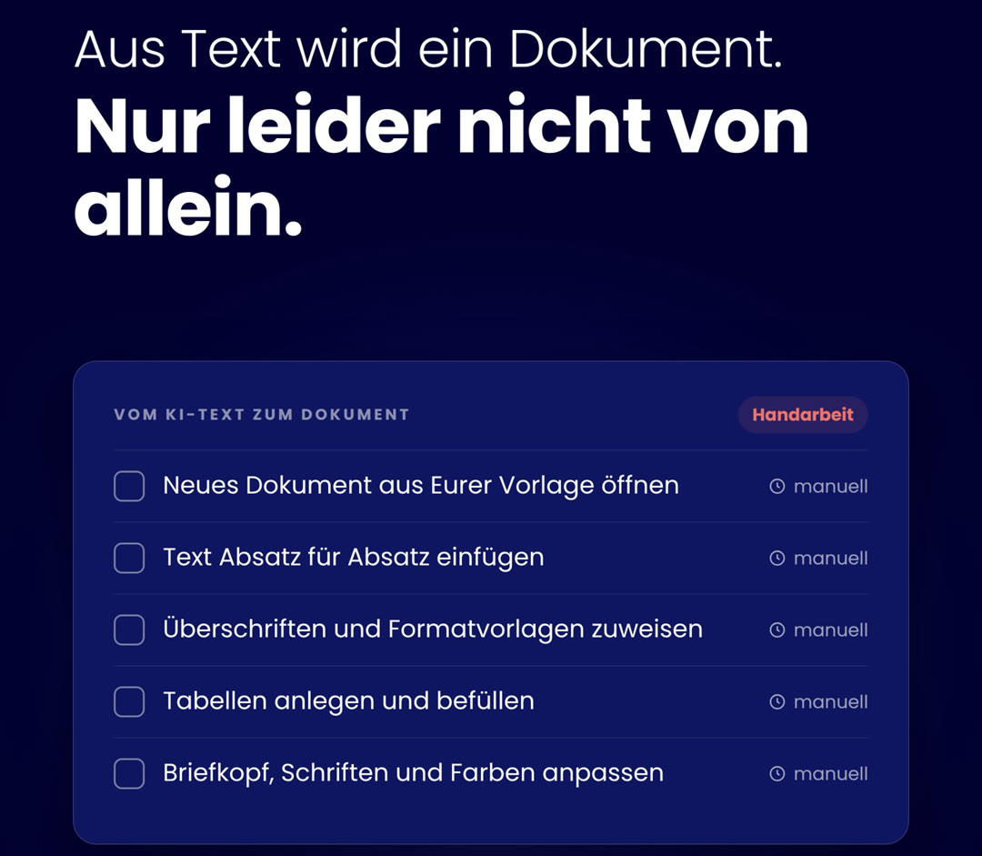 Aus Text wird ein Dokument – nur leider nicht von allein: Vorlage öffnen, Text einfügen, Formatvorlagen zuweisen, Tabellen befüllen, Briefkopf anpassen.